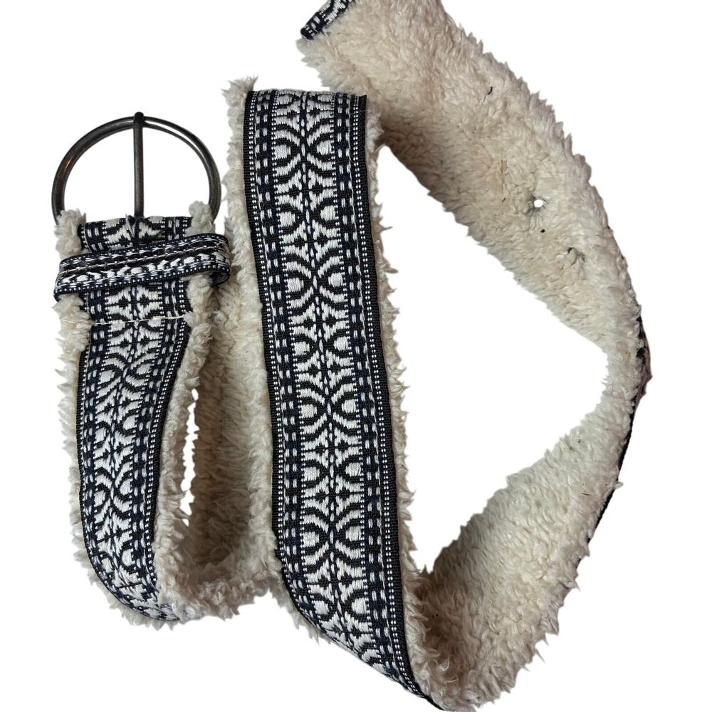 Boho Southwest Geometric Sherpa Fleece Belt Black Cream O-Ring Buckle Size Small